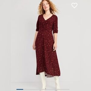 NWT Old Navy Puff-Sleeve V-Neck Crepe Midi Dress in Burgundy Floral - Size L